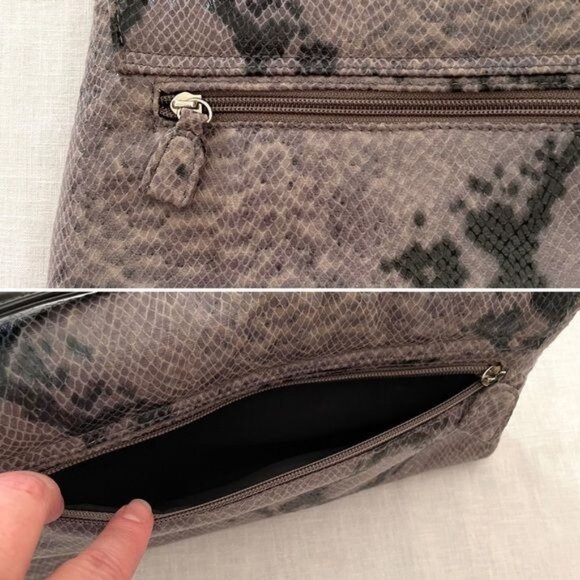 Faux Snakeskin Shoulder Bag Gray Black Patent Buckle Flap Y2K Style - Picture 11 of 13